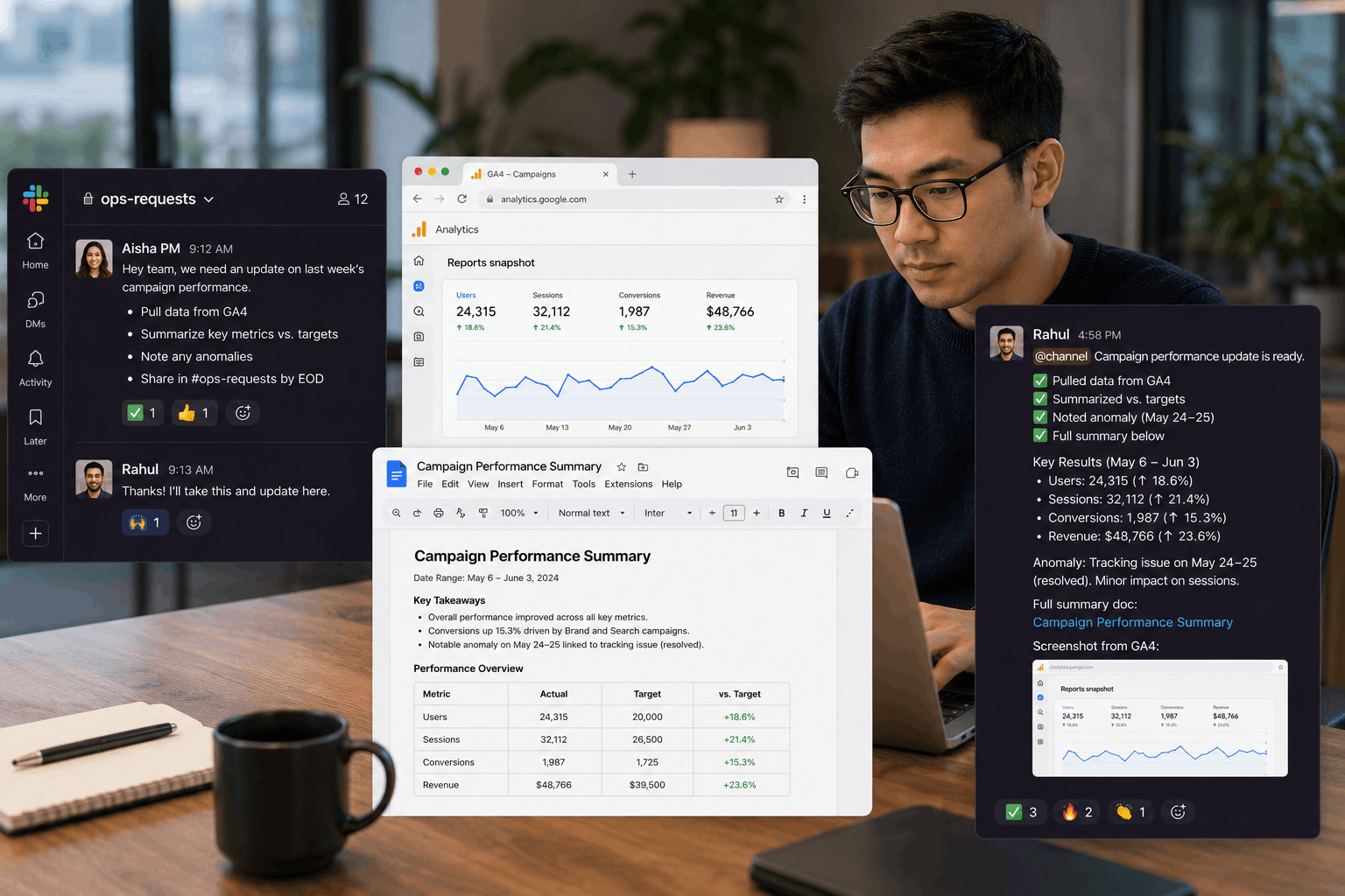 Slack request to action in tools to Slack report
